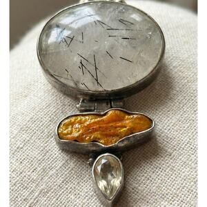 Sterling Silver Articulated Totem Pendant Tourmalinated Quartz Amber & Citrine